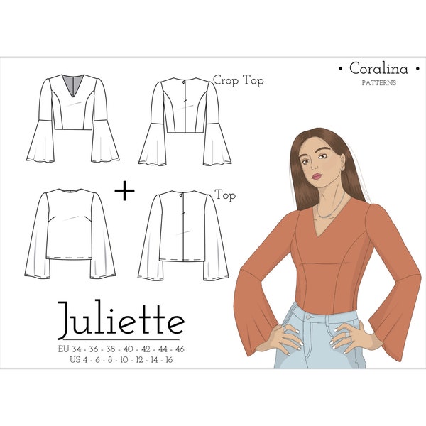 Trumpet Sleeve Top PDF Sewing Pattern | Bell Sleeve Blouse | Sizes 4-16 (EU 34-46) | Two Style Options | Instant Download