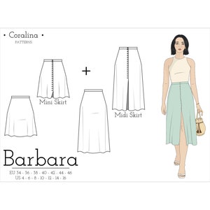 Op de afbeelding: Een naaipatroon voor een rok met twee verschillende lengtes: mini en midi. Het patroon heet "Barbara" en is verkrijgbaar in de maten EU 34-46 en US 4-16.