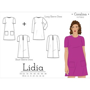 Può includere: Un cartamodello per un abito con maniche lunghe e corte. Il cartamodello si chiama "Lidia" ed è disponibile nelle taglie EU 34-46 e US 4-16. Il cartamodello è stato progettato da "Coralina Patterns".