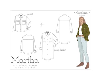 Pode incluir: Um padrão de costura para uma camisa ou jaqueta longa chamada "Martha" da Coralina Patterns. O padrão inclui instruções para uma jaqueta mais curta e uma camisa mais longa. O padrão está disponível nos tamanhos EU 34-46 e US 4-16.