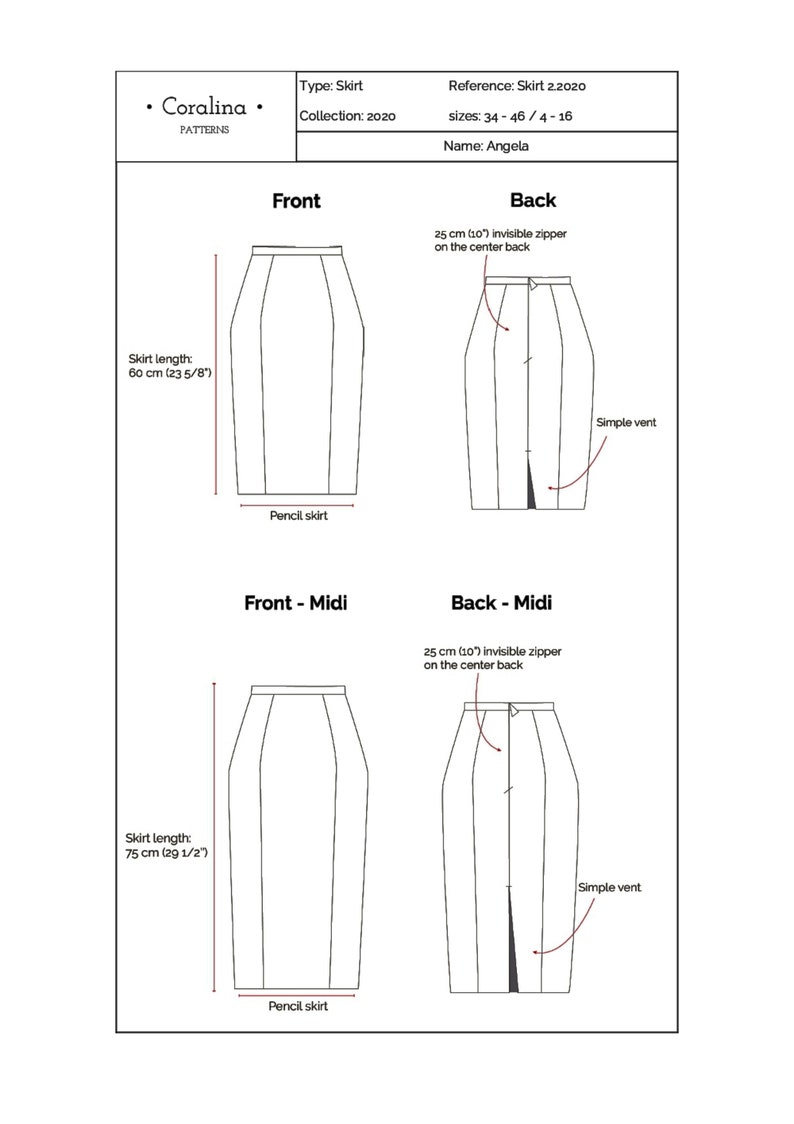 Pencil Skirt PDF Sewing Pattern Two Length Options Sizes Etsy