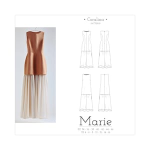 May include: A sleeveless dress in copper with a flowing cream skirt hangs on a hanger. The image includes a pattern illustration labelled "Marie" and the brand name "Coralina Patterns".