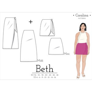 Puede incluir: Un dibujo de línea de un patrón de falda de envoltura en tres longitudes: mini, midi y larga. El patrón se llama "Beth" y está disponible en tallas EU 34-46 y US 4-16. El patrón es de la marca "Coralinda Patterns".
