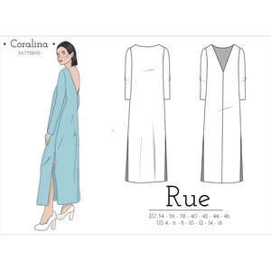 Könnte beinhalten: Eine digitale Illustration eines langen, hellblauen Kleides mit V-Ausschnitt und Seitenschlitzen. Das Kleid wird an einer Frau mit kurzen braunen Haaren gezeigt. Der Text "Rue" ist in großen, fetten Buchstaben unter der Illustration geschrieben. Der Text "EU 34 - 36 - 38 - 40 - 42 - 44 - 46" und "US 4 - 6 - 8 - 10 - 12 - 14 - 16" ist unter dem Text "Rue" geschrieben.