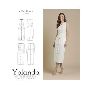 Può includere: Un abito bianco senza maniche con bottoni, tasche e lunghezza midi è presentato. L'abito è abbinato a tacchi beige. A sinistra, un'illustrazione del modello mostra i modelli di abito. Il testo "Yolanda" è visualizzato con i dettagli delle taglie.