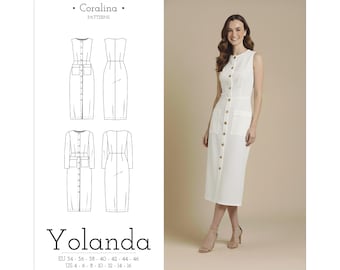 Puede incluir: Se muestra un vestido blanco sin mangas con botones delanteros, bolsillos y largo midi. El vestido se combina con tacones beige. A la izquierda, una ilustración de patrón muestra diseños de vestidos. El texto "Yolanda" se muestra con detalles de tallas.