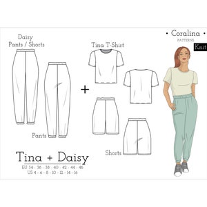 May include: A sewing pattern for a pair of pants or shorts and a t-shirt. The pattern is called "Daisy" and "Tina" and is from the "Coralina" brand. The pattern is for knit fabric and includes sizes EU 34-46 and US 4-16.