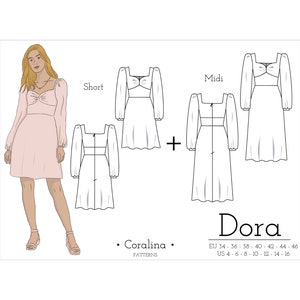 Gathered Front Dress PDF Sewing Pattern | Sizes 4-16 (EU 34-46) | Two length options | Instant Download