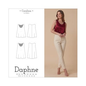 Könnte beinhalten: Ein Schnittmuster für ein ärmelloses Oberteil mit dem Titel Daphne von Coralina Patterns. Das Bild zeigt technische Strichzeichnungen der Vorder- und Rückseite des Oberteils sowie ein Foto des fertigen Kleidungsstücks aus dunkelrotem Satin.