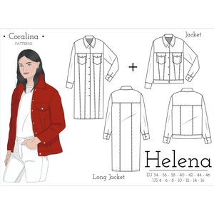 デニム ジャケット PDF 縫製パターン | サイズ 4-16 (EU 34-46) | 即時ダウンロード