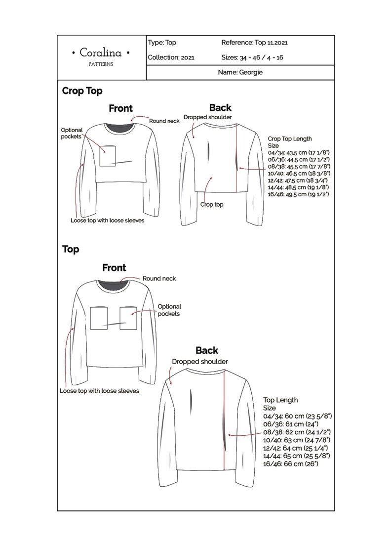 Long Sleeve Crop Top PDF Sewing Pattern Sizes 416 EU Etsy