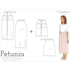Puede incluir: Un patrón de costura para una falda con dos longitudes diferentes: midi y corta. El patrón se llama "Petunia" y está disponible en las tallas EU 34-46 y US 4-16. El patrón está diseñado por "Coralinda Patterns".