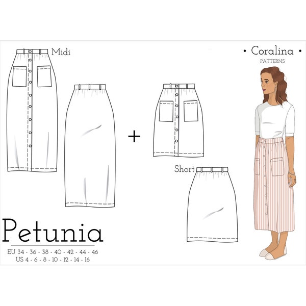 Jupe boutonnée avec poches Patron de couture PDF | Tailles 4-16 (UE 34-46) | Deux options de longueur Téléchargement instantané