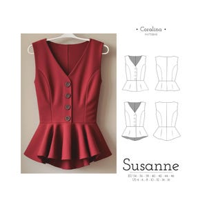 Könnte beinhalten: Ein rotes, ärmelloses Oberteil mit V-Ausschnitt und Rüschen-Saum. Das Oberteil hat einen Knopfverschluss vorne. Das Muster heißt "Susanne" und ist in den Größen EU 34-46 und US 4-16 erhältlich.