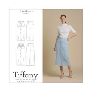 Puede incluir: Una falda vaquera azul claro con detalles de botones, usada por una persona. La falda se combina con una camiseta blanca de manga corta. La imagen también incluye un patrón de falda etiquetado como "Tiffany" con tablas de tallas.