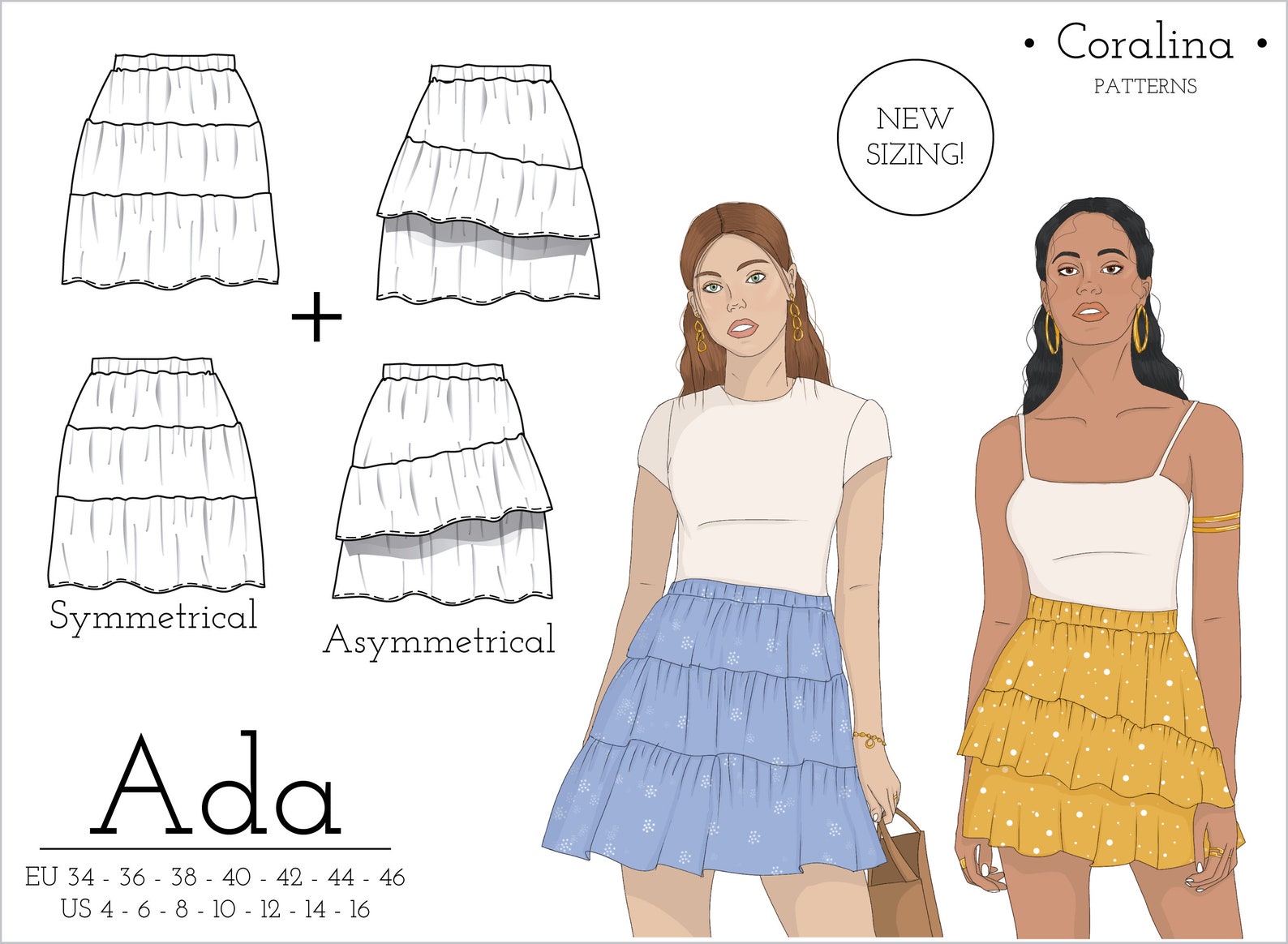 Tiered Skirt PDF Sewing Pattern Sizes 4-16 EU 34-46 Two | Etsy