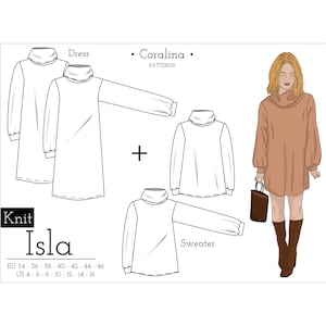 May include: Knitting pattern for a dress and sweater with a turtleneck. The pattern is called Isla and is from Coralina Patterns. The pattern includes sizes EU 34-46 and US 4-16.