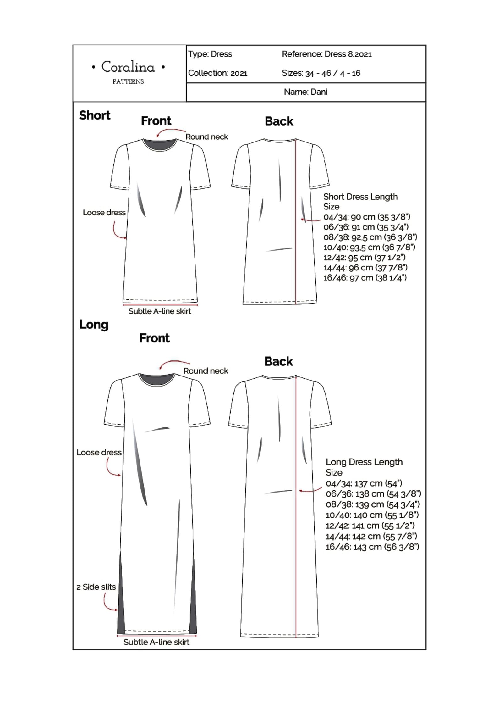 Tshirt Dress PDF Sewing Pattern Sizes 416 EU 3446 Two Etsy