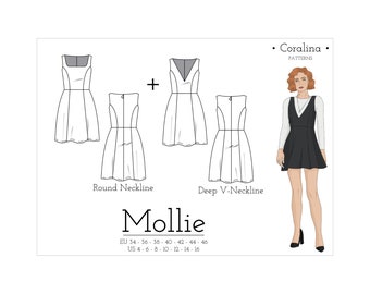 V-Neck Mini Dress PDF Sewing Pattern | Round Neckline Dress Pattern | Two Style Options | Sizes 4-16 (EU 34-46) | Instant Download