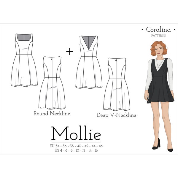 V-Neck Mini Dress PDF Sewing Pattern | Round Neckline Dress Pattern | Two Style Options | Sizes 4-16 (EU 34-46) | Instant Download