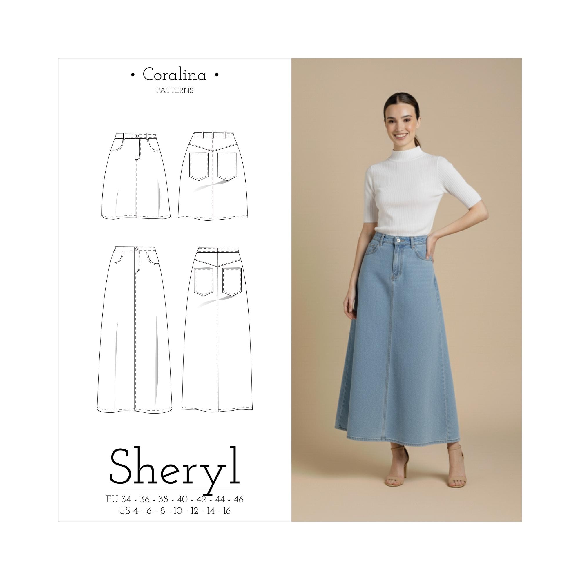 Long A-line Denim Skirt PDF Sewing Pattern | Sizes 4-16 (EU 34-46