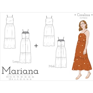 Spaghetti Strap Dress PDF Sewing Pattern | Tiered Dress Pattern | Sizes 4-16 (EU 34-46) | Two length options | Instant Download