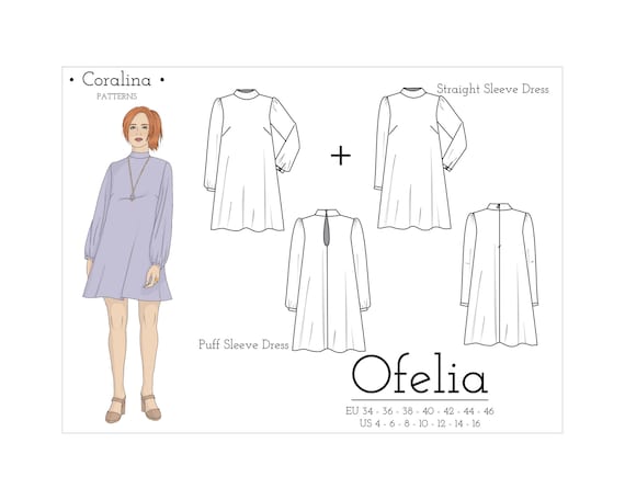 A-line Dress Sewing Pattern | Puff & Straight Sleeve Options | Sizes 4-16  (EU 34-46) (PDF Pattern)
