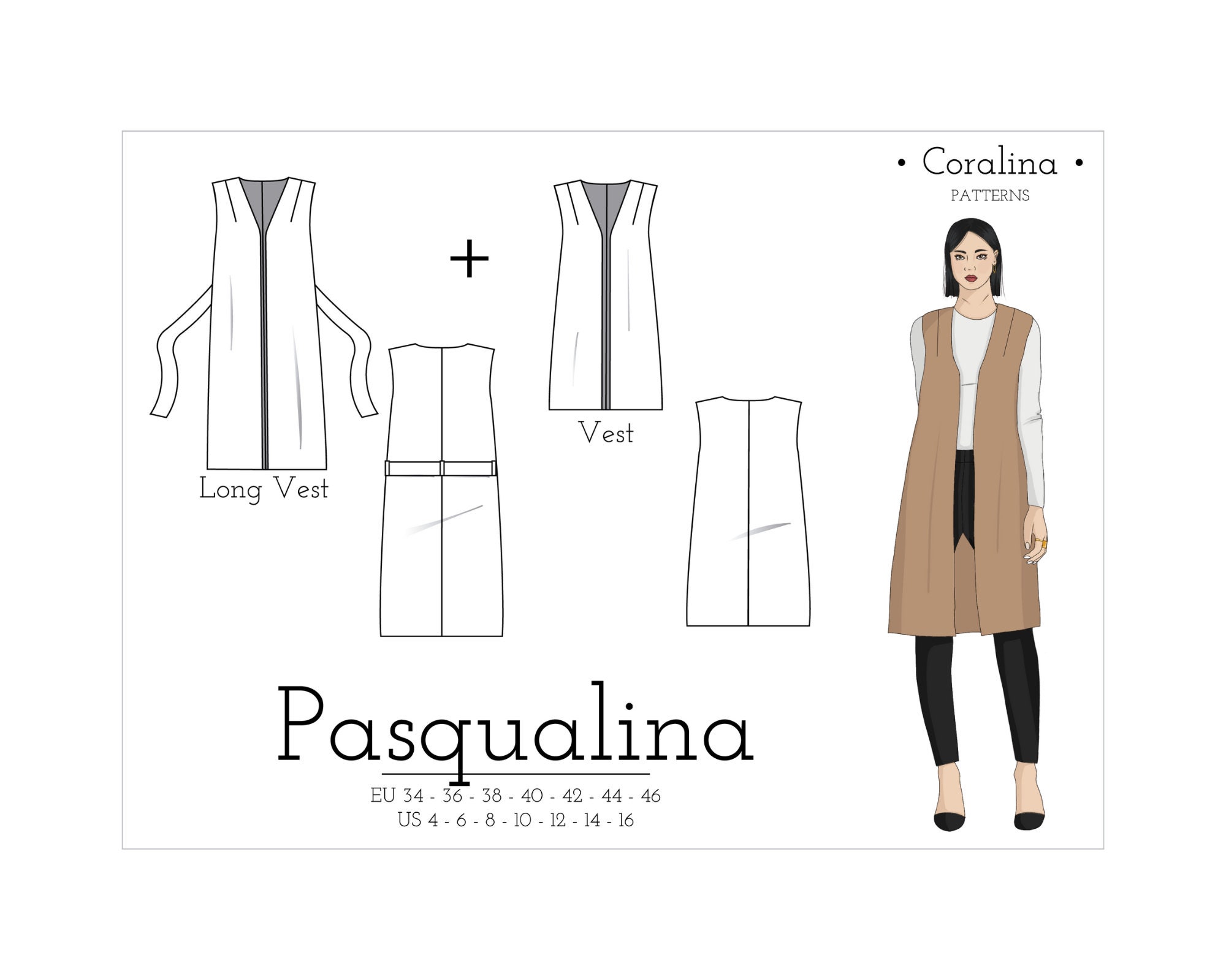 Belted Long Vest PDF Sewing Pattern Easy Vest Pattern Two - Etsy