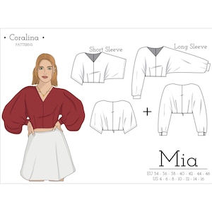 Pode incluir: Um padrão de costura para um top curto chamado "Mia" com opções de manga curta e comprida. O padrão está disponível nos tamanhos EU 34-46 e US 4-16.