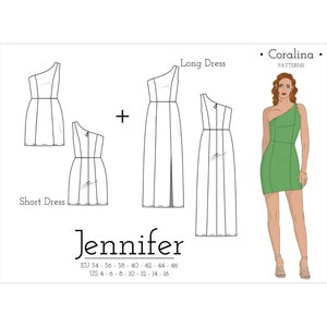 One Shoulder Dress PDF Sewing Pattern | Sizes 4-16 (EU 34-46) | Two Length options | Instant Download
