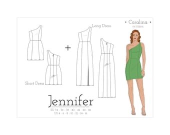 One Shoulder Dress Sewing Pattern | Sizes 4-16 (EU 34-46) (PDF Pattern)