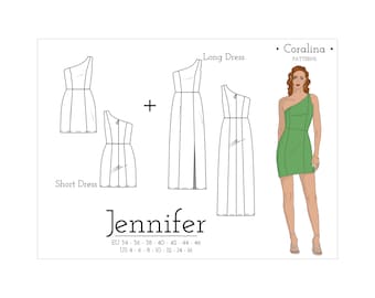 One Shoulder Dress PDF Sewing Pattern | Sizes 4-16 (EU 34-46) | Two Length options | Instant Download