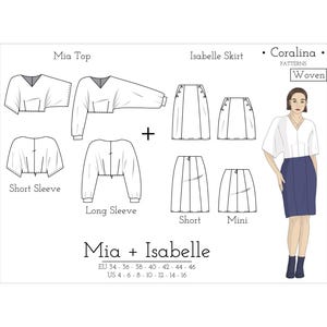 May include: A sewing pattern for a cropped top and skirt. The pattern is called "Mia + Isabelle" and is available in sizes EU 34-46 and US 4-16. The pattern is for woven fabrics.