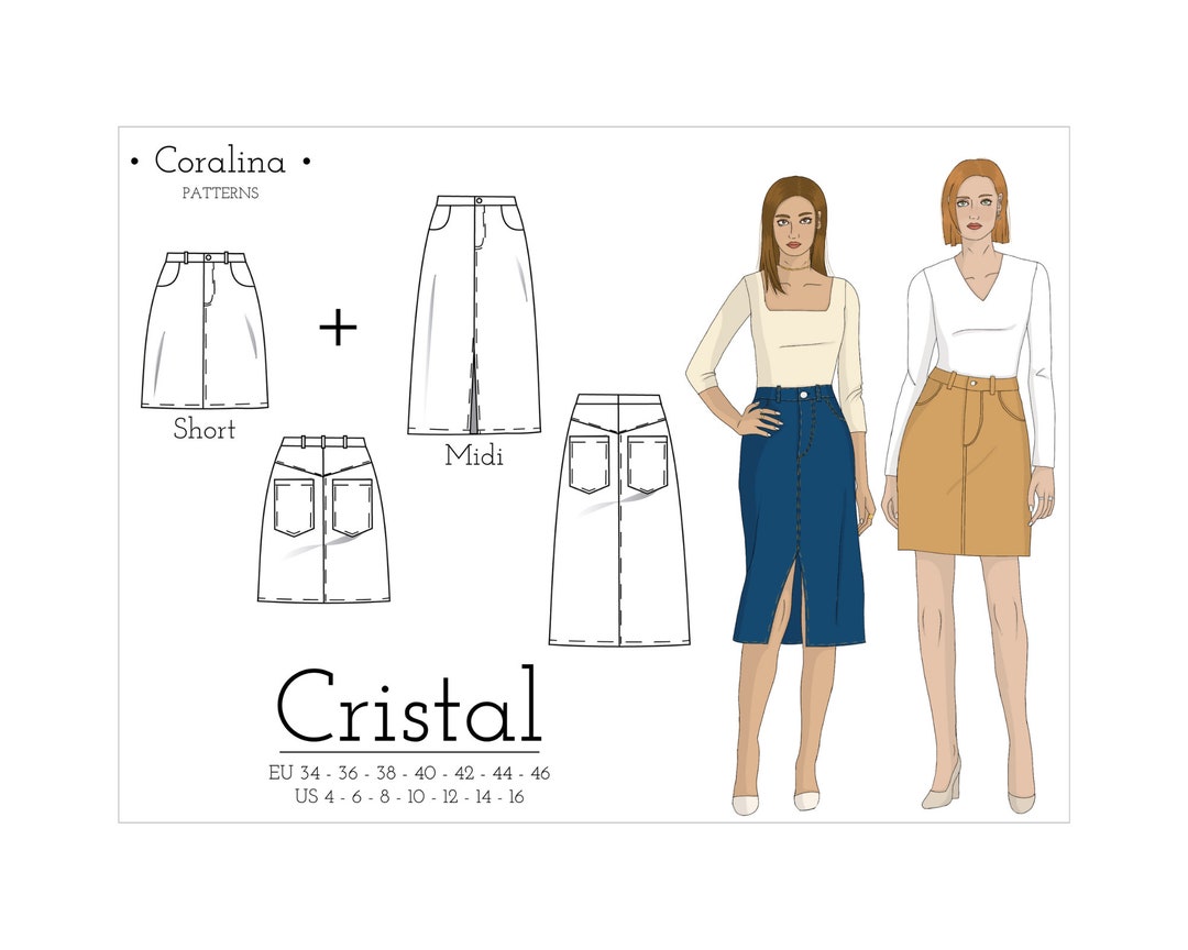 Denim Skirt PDF Sewing Pattern Sizes 4-16 (EU 34-46) Two