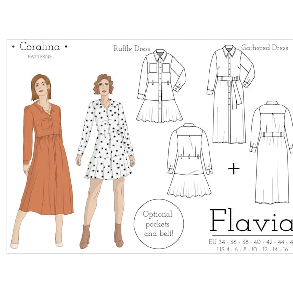 Button-Down Shirt Dress PDF Sewing Pattern | Sizes 4-16 (EU 34-46) | Two Style Options | Instant Download