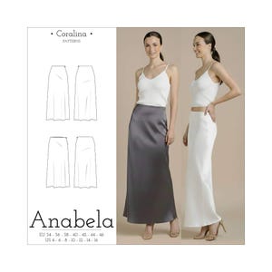 May include: Two women wearing long, satin skirts and white camisole tops. One skirt is gray, the other is white. The image also includes a pattern diagram and the text "Anabela" with size information.