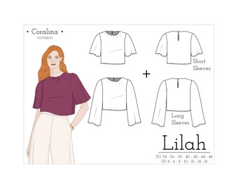 May include: A sewing pattern for a cropped top with short or long sleeves. The pattern is called "Lilah" and is available in sizes EU 34-46 and US 4-16.