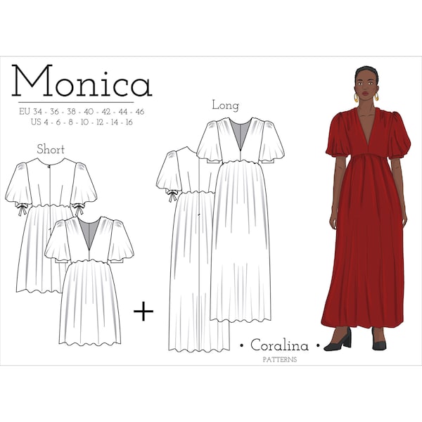 Puff Sleeve Dress PDF Sewing Pattern | Sizes 4-16 (EU 34-46) | Two length options | Instant Download