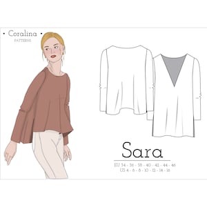 May include: A line drawing illustration of a women's top with a V-neck and long sleeves. The top is called "Sara" and is available in sizes EU 34-46 and US 4-16.