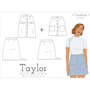 Könnte beinhalten: Ein Schnittmuster für einen Rock namens "Taylor" von Coralina Patterns. Das Schnittmuster enthält Anleitungen für die Herstellung eines kurzen Rocks und eines Minirocks. Das Schnittmuster ist in den Größen EU 34-46 und US 4-16 erhältlich.