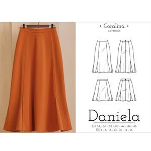 Puede incluir: Un patrón de costura para una falda larga de color naranja con una ligera acampanada en la parte inferior. El patrón se llama "Daniela" y está disponible en las tallas EU 34-46 y US 4-16.