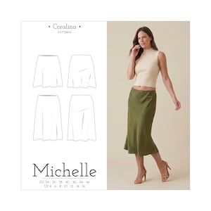Puede incluir: Un patrón de costura titulado Coralina Patterns Michelle que presenta un dibujo lineal de una falda en cuatro variantes y una fotografía de una persona con un top sin mangas de cuello alto color crema y una falda midi verde oliva con tacones.