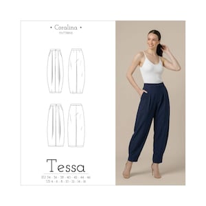 May include: A woman wearing navy blue pleated trousers with a white camisole. The trousers have a tapered leg and are paired with high-heeled sandals. The image also features a pattern illustration of the trousers, labeled "Tessa" with size charts.