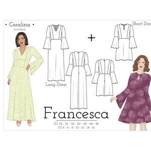 Bell Sleeve Dress PDF Sewing Pattern | Keyhole Neckline Dress Pattern | Sizes 4-16 (EU 34-46) | Two Style Options | Instant Download