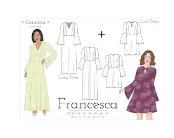 Bell Sleeve Dress PDF Sewing Pattern | Keyhole Neckline Dress Pattern | Sizes 4-16 (EU 34-46) | Two Style Options | Instant Download