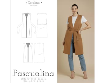 Belted Long Vest Sewing Pattern | Two Lengths | Sizes 4-16 (EU 34-46) | PDF Pattern