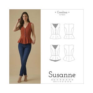 Sleeveless Peplum Top PDF Sewing Pattern | Button-Front Blouse | Sizes 4-16 (EU 34-46) | Two Style Options | Instant Download