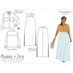 May include: A sewing pattern for a woven shirt and a woven skirt. The pattern is called "Anna + Ivy" and is available in sizes EU 34-46 and US 4-16. The pattern is from Coralina Patterns.