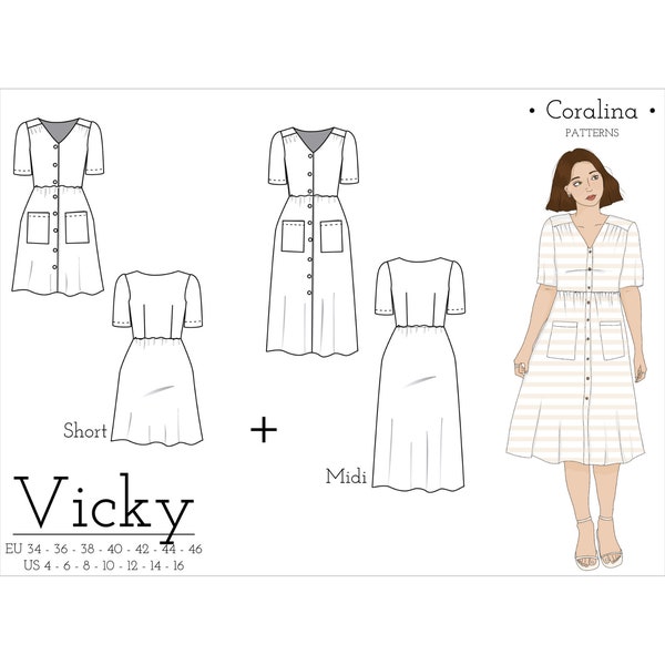 Button-Up Dress PDF Sewing Pattern | Sizes 4-16 (EU 34-46) | Two length options | Instant Download