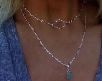 Silver Layering Necklaces Choker Blue Sea Glass Trend This Spring and Summer, Great gift